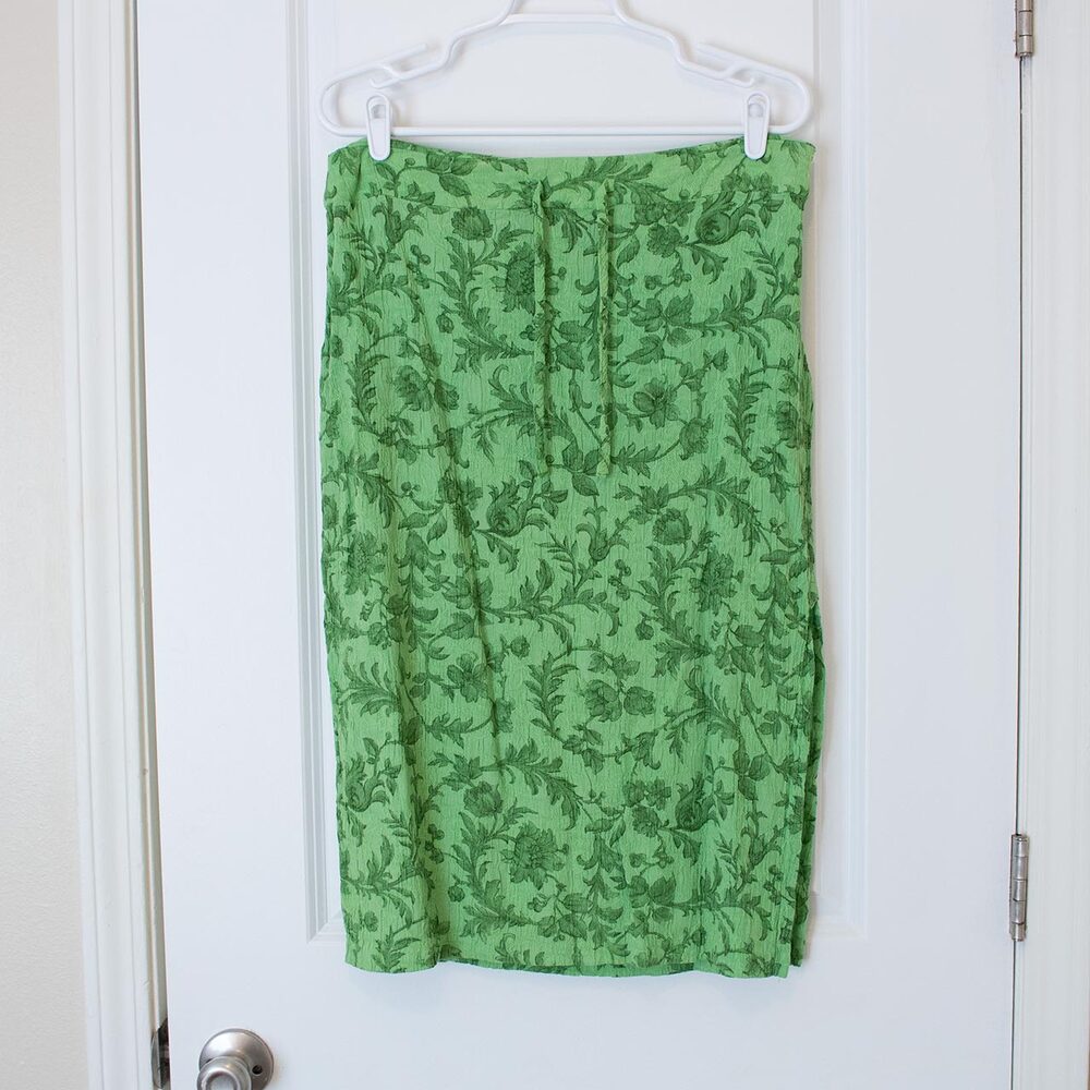 Fairycore VTG Skirt Green Botanical Floral Crinkle Midi 16 | Bright Spring